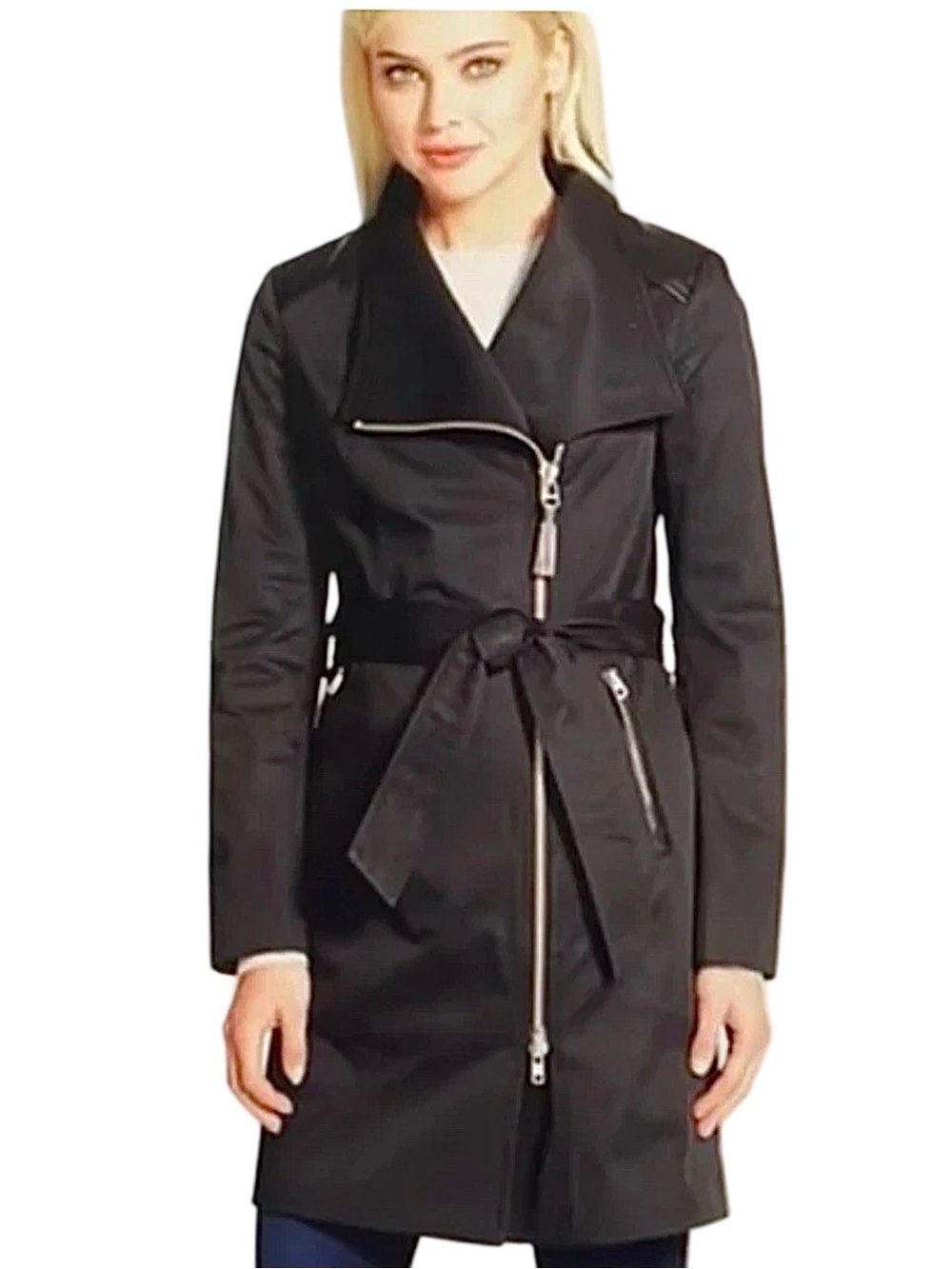 MACKAGE Estela Black Asymmetrical Zipper Belted Trench Coat Leather Trim L